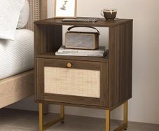 Rattan Bedside Table, Farmhouse Wood Nightstand with Storage Drawer and Open Shelf Small Bedside Cabinet for Bedroom,Living Room,Office Walnut Brown