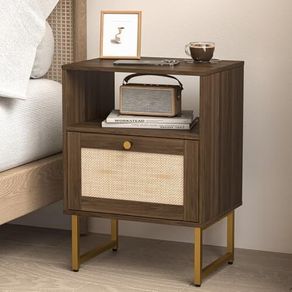Rattan Bedside Table, Farmhouse Wood Nightstand with Storage Drawer and Open Shelf Small Bedside Cabinet for Bedroom,Living Room,Office Walnut Brown