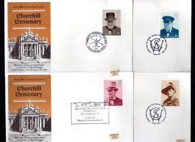 1974 Great Britain Birth Centenary of Srt Winston Churchill II Commemorative Stamps First Day Covers (FDC). 4 cover in total.
