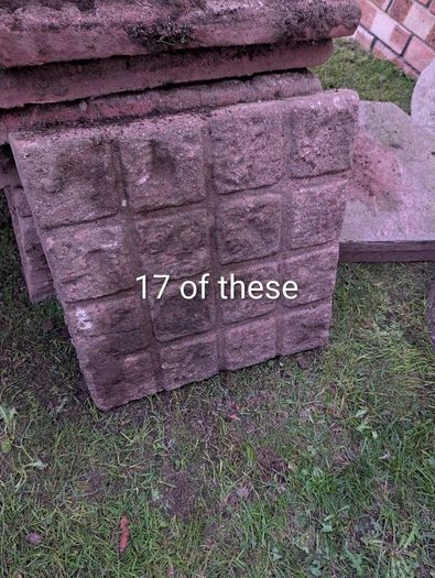 42 assorted paving patio slabs plus 2 lengths of concrete edging