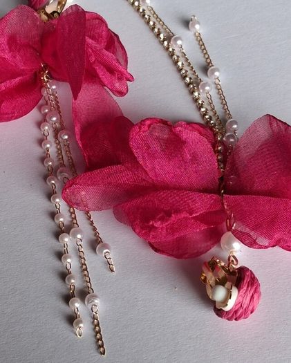 Fuchsia Pink Clip On Tassel Chain Crystal & Pearl Earrings