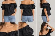 Black Off-Shoulder Ruffle Blouse with Puff Sleeves