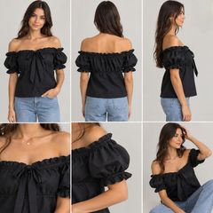 Black Off-Shoulder Ruffle Blouse with Puff Sleeves