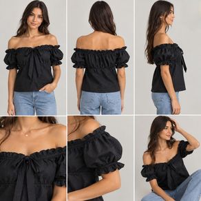 Black Off-Shoulder Ruffle Blouse with Puff Sleeves
