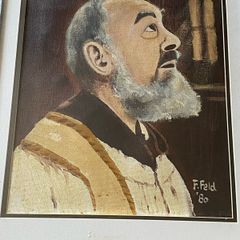 Framed Vintage Oil Portrait of Saint Padre Pio Signed F. Feld '80