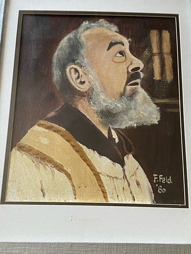 Framed Vintage Oil Portrait of Saint Padre Pio Signed F. Feld '80