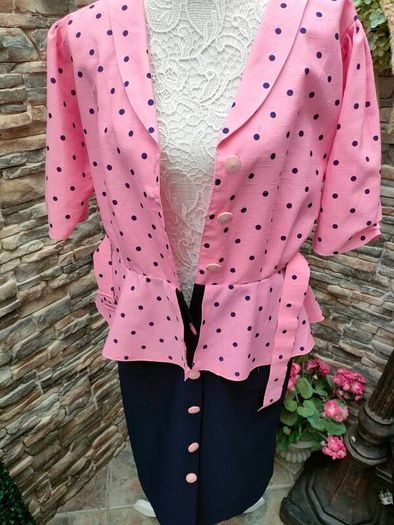 Vintage 1980s 50s style Pink Navy polkadot peplum dress Size M Postage included
