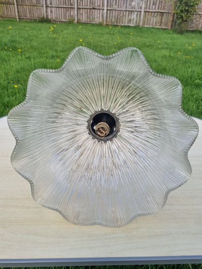 Original hanging ceiling lamp with a ribbed shade made of holophane glass (Holophane)