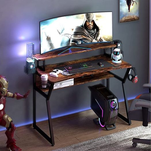 Gaming Desk, Computer Desk with Large Monitor Stand and Open Shelf, PC Laptop Gamer Table Workstation with Cup Holder, Headphone Hook, 2 Speaker Stand for Home Office MULTIPLE COLOURS AVAILABLE (FREE POSTAGE)