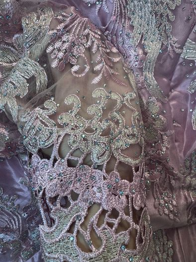 Elegant Lilac Lace Embroidered Evening Maxi Dress with Beaded Detail