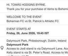 Bohs vs Pats tickets, des Kelly stand, one adult, one student