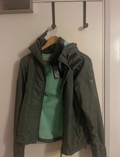 northface jacket grey with teal/mint