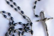Vintage Mid-Century Black Bead Chain Rosary With Silver Cross