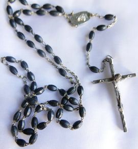 Vintage Mid-Century Black Bead Chain Rosary With Silver Cross