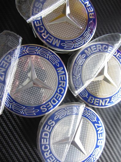 Mercedes Benz Classic 75mm Chrome / Blue 4 x Wheel Center Caps Cap Hub