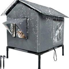 Outdoor Cat House Weatherproof with Aluminum Film Insulation, Large Feral Cat Shelter for Winter, Collapsible with Door, Easy to Assemble (Dark Grey)