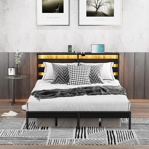 Double Metal Bed Frame with USB Charging Station, LED Lights & Storage Headboard Heavy Duty Black Platform Bed with 31.5 cm Underbed Storage, No Box Spring Needed, Noise Free (Black, Double)