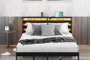 Double Metal Bed Frame with USB Charging Station, LED Lights &amp; Storage Headboard Heavy Duty Black Platform Bed with 31.5 cm Underbed Storage, No Box Spring Needed, Noise Free (Black, Double)