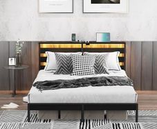 Double Metal Bed Frame with USB Charging Station, LED Lights & Storage Headboard Heavy Duty Black Platform Bed with 31.5 cm Underbed Storage, No Box Spring Needed, Noise Free (Black, Double)