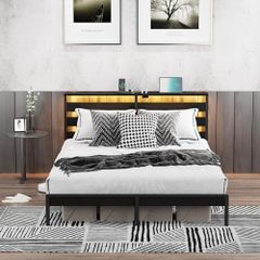 Double Metal Bed Frame with USB Charging Station, LED Lights & Storage Headboard Heavy Duty Black Platform Bed with 31.5 cm Underbed Storage, No Box Spring Needed, Noise Free (Black, Double)