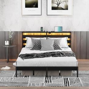 Double Metal Bed Frame with USB Charging Station, LED Lights & Storage Headboard Heavy Duty Black Platform Bed with 31.5 cm Underbed Storage, No Box Spring Needed, Noise Free (Black, Double)