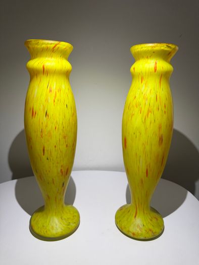 Pair of French Art Deco Mottled Glass Vases - Legras Style, 32.5cm