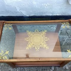 Rare beautiful glass topped vintage wooden coffee table