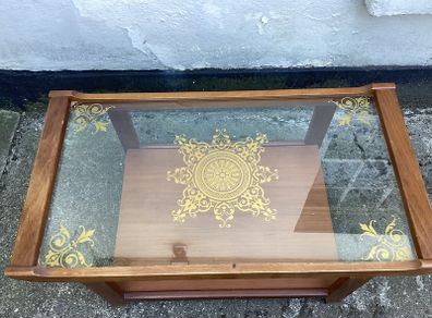 Rare beautiful glass topped vintage wooden coffee table