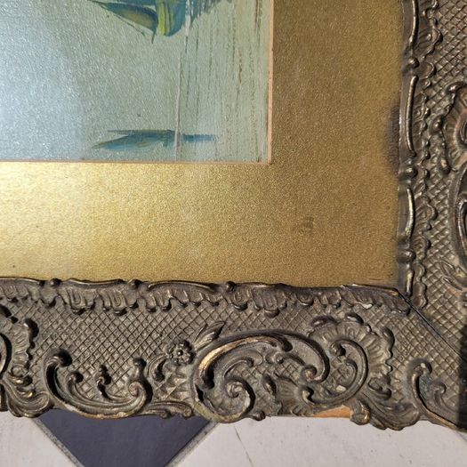 Antique pair of ornate handcarved frames with signed yacht scene watercolours