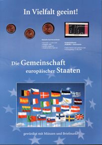2005 Germany Deutsche Post sheet commemorating United in Diversity Site with Commemorative Stamp and 1c, 2c & 5c Euro coin in uncirculated condition.