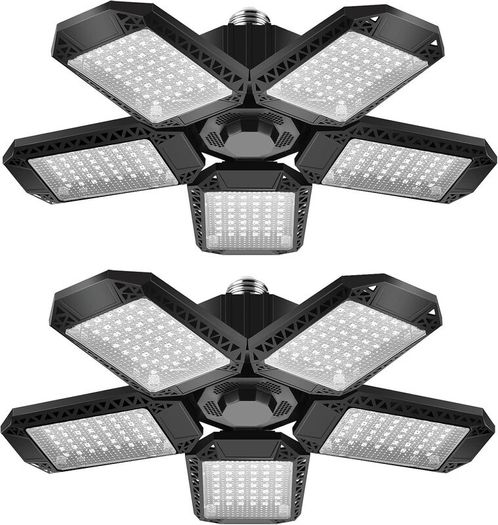 2 Pack Garage Light, 150W LED Garage Lighting with 5 Adjustable Panels, 15000LM Deformable E27 LED Garage Ceiling Lighting, Ultra Bright LED Garage Lights for Garage Workshop Warehouse