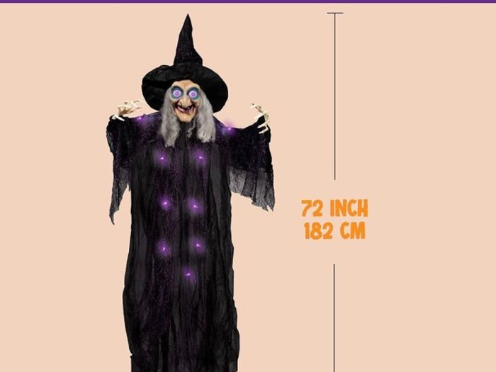 72 Inch Hanging Animated Talking Witch Decoration with Light-up Eyes and Sound Activation Function for Halloween Haunted House Prop