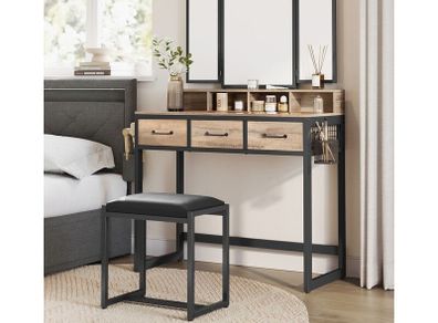 Dressing table with stool and triple mirror industrial style