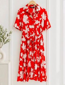 NEW Red & White Summer Floral Shirt Dress: Size 14