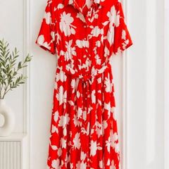NEW Red & White Summer Floral Shirt Dress: Size 14