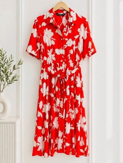 NEW Red & White Summer Floral Shirt Dress: Size 14
