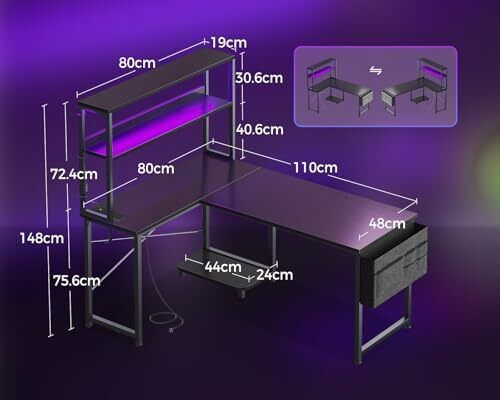 L Shaped Gaming Desk with LED Lights