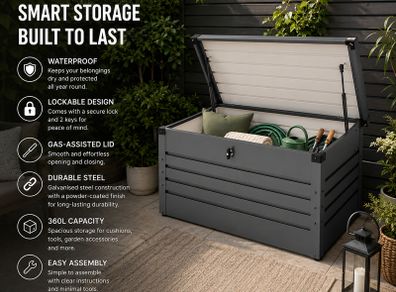 Metal Garden Storage Box 360L Waterproof Lockable Outdoor Storage Chest