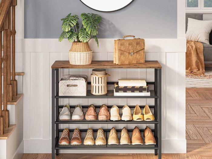 4-Tier Shoe Rack, Industrial Shoe Storage Organizer with 3 Adjustable Mesh Shelves, Metal Frame, Strong and Durable, Ideal for Entryway, Living Room, Bedroom, Hallway, Rustic Brown