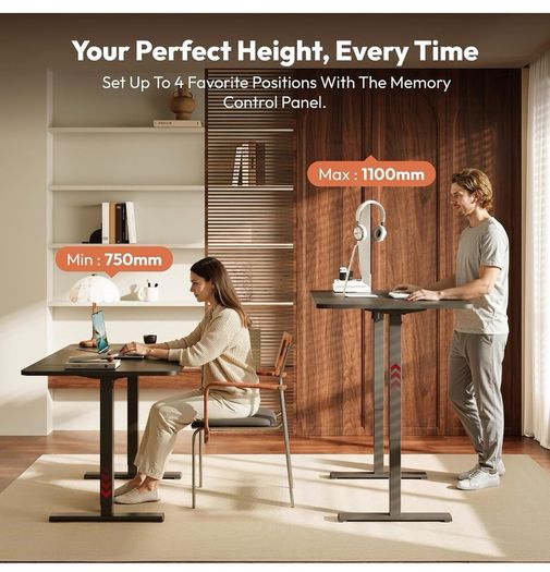 Electric Standing Desk 110 x 54 One Piece Height Adjustable Desk With Memory Smart Panel Sit Stand Table With Hooks for Home Office, Dark Black