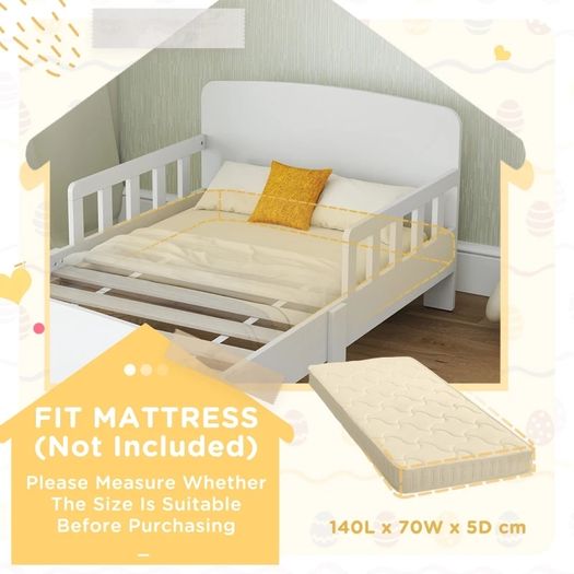 Toddler Bed, Kids Bed Frame with Safety Side Rails, Kids Bedroom Furniture for Ages 3-8 Years, White