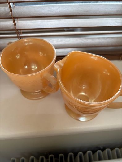 A bundle of vintage - retro pieces, Carnival Glass , Anchor Hocking Fire King, Large Ribbed Glass Butter Dish, Citrus Juicer, Three Footed Glass Sugar Bowl and Jug