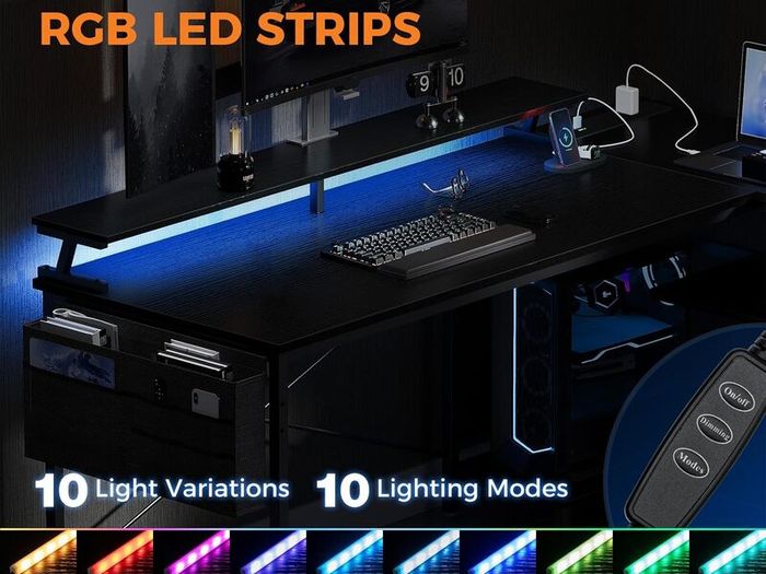 L Shaped Gaming Desk with LED Lights 120 x 80 cm Computer Power Outlet Reversible Corner Table Storage Shelves Monitor Stand Black