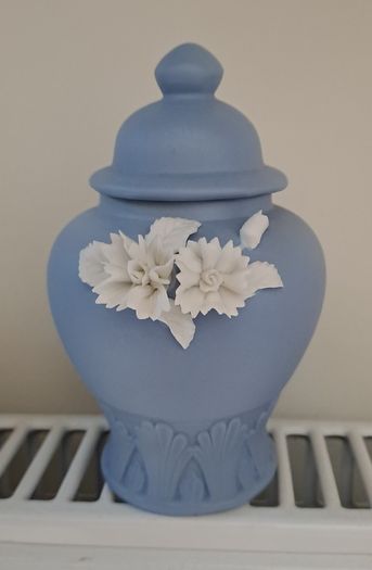 Vintage light blue Jasperware urn