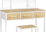 _Dressing Table with 3-Piece Folding Mirror, Steel Frame, Cosmetic Table with Stool, 3 Drawers, Natural White