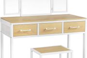 _Dressing Table with 3-Piece Folding Mirror, Steel Frame, Cosmetic Table with Stool, 3 Drawers, Natural White