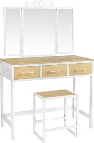 _Dressing Table with 3-Piece Folding Mirror, Steel Frame, Cosmetic Table with Stool, 3 Drawers, Natural White
