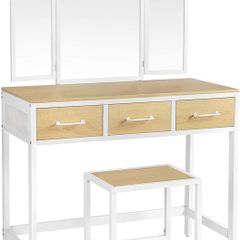 _Make-Up Table Set, Dressing Table with Stool, with Triple Mirror, 3 Drawers, Steel Frame, Woody and White Color