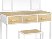 _Dressing Table with Folding Mirror and 5 Drawers, Cosmetic Table with Removable Makeup Organiser, Dressing Table with Solid Wood Legs, with Stool, White Natural