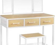 _Dressing Table with Folding Mirror and 5 Drawers, Cosmetic Table with Removable Makeup Organiser, Dressing Table with Solid Wood Legs, with Stool, White Natural